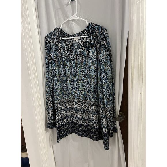 J. Jill Tops - J.Jill Womens XL Tunic Top Boho Blue Mosaic V Neck Long Sleeve Lightweight